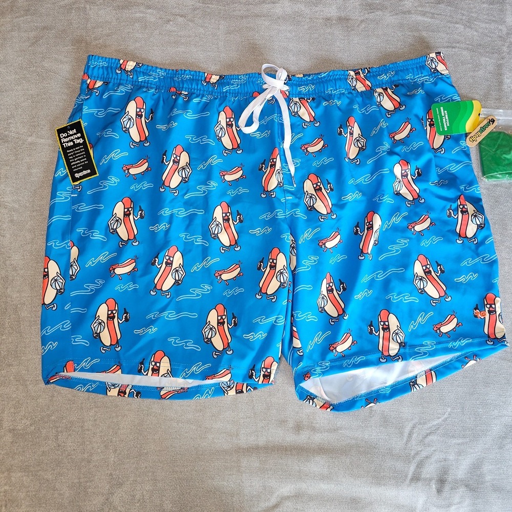 TIPSY ELVES Hot Dog Diver Stretch SWIM TRUNKS  Men's Size 4X Blue NWT July 4th